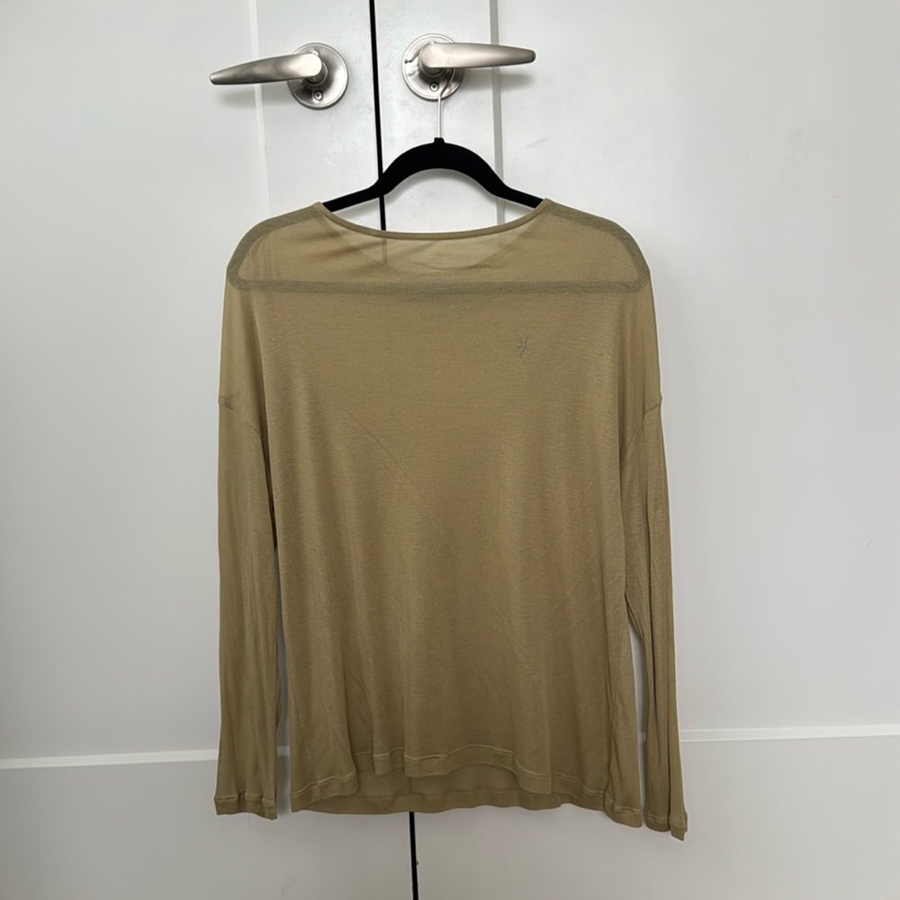 AllSaints Sheer Long Sleeve Top - Small (Light Olive/Khaki)